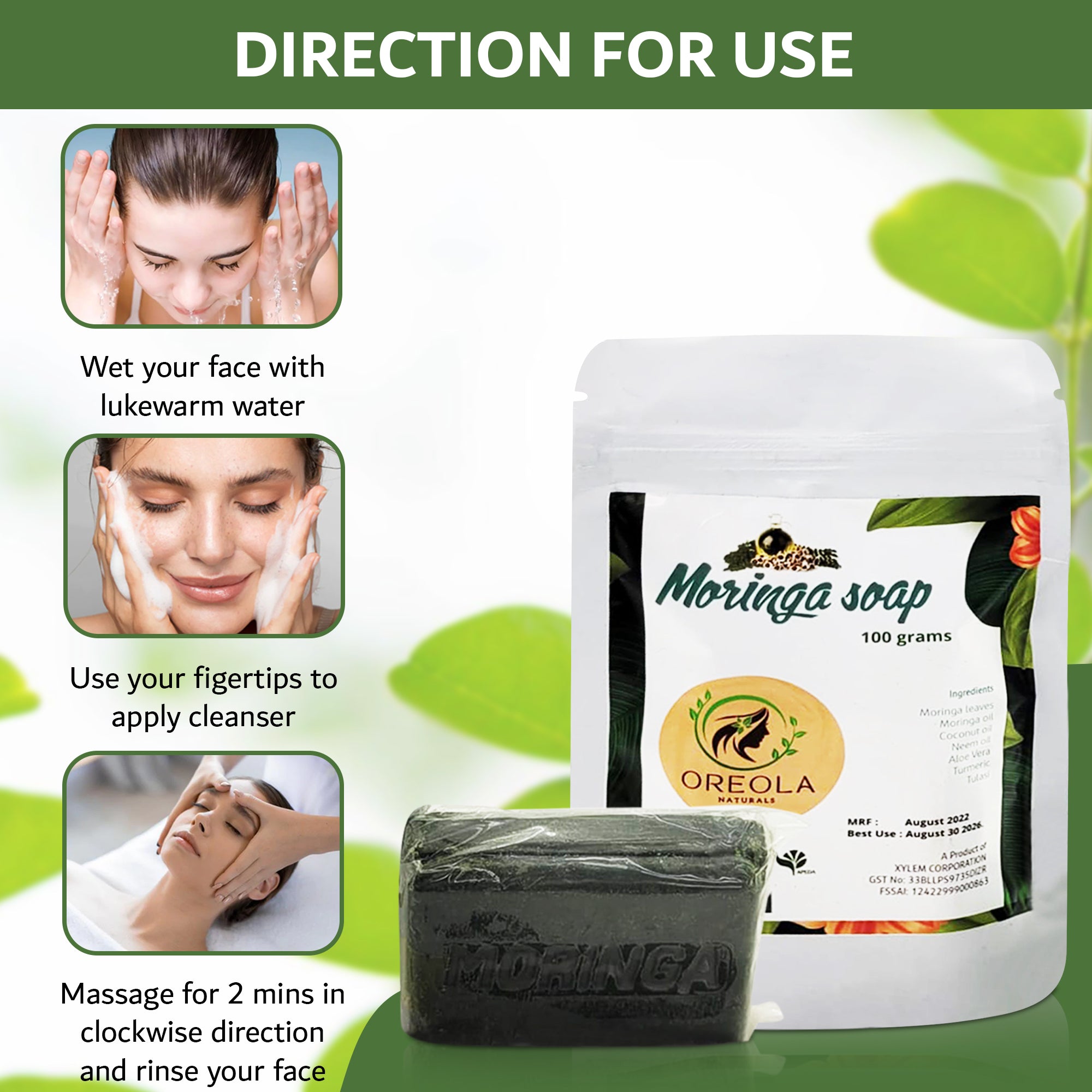 Moringa Herbal Soap infused with Neem, Coconut Oil, Turmeric and Aloe Vera 100g  (1bar)