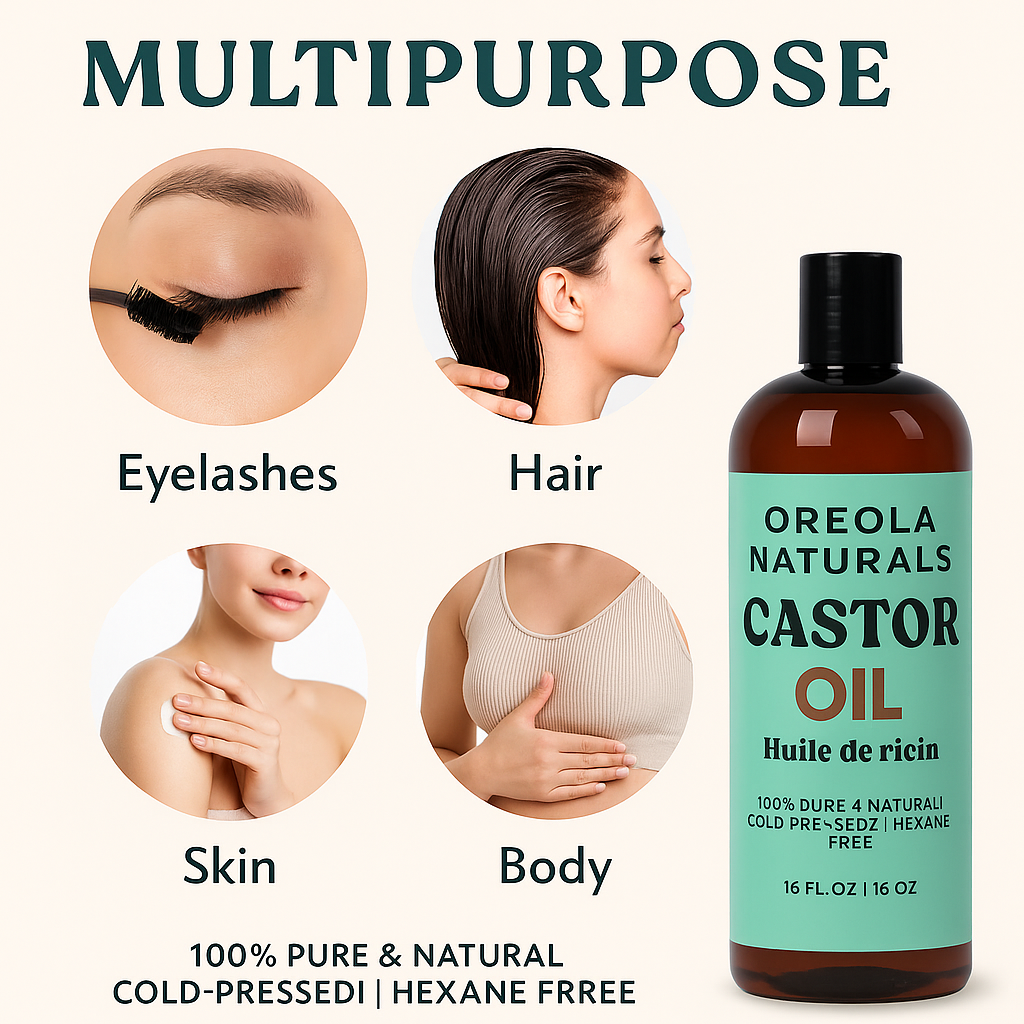 Castor Oil 16oz (473ml) – 100% Pure & Natural, Cold-Pressed, Hexane-Free, Nourishing Oil for Hair, Eyelashes, Skin & Nails by Oreola Naturals