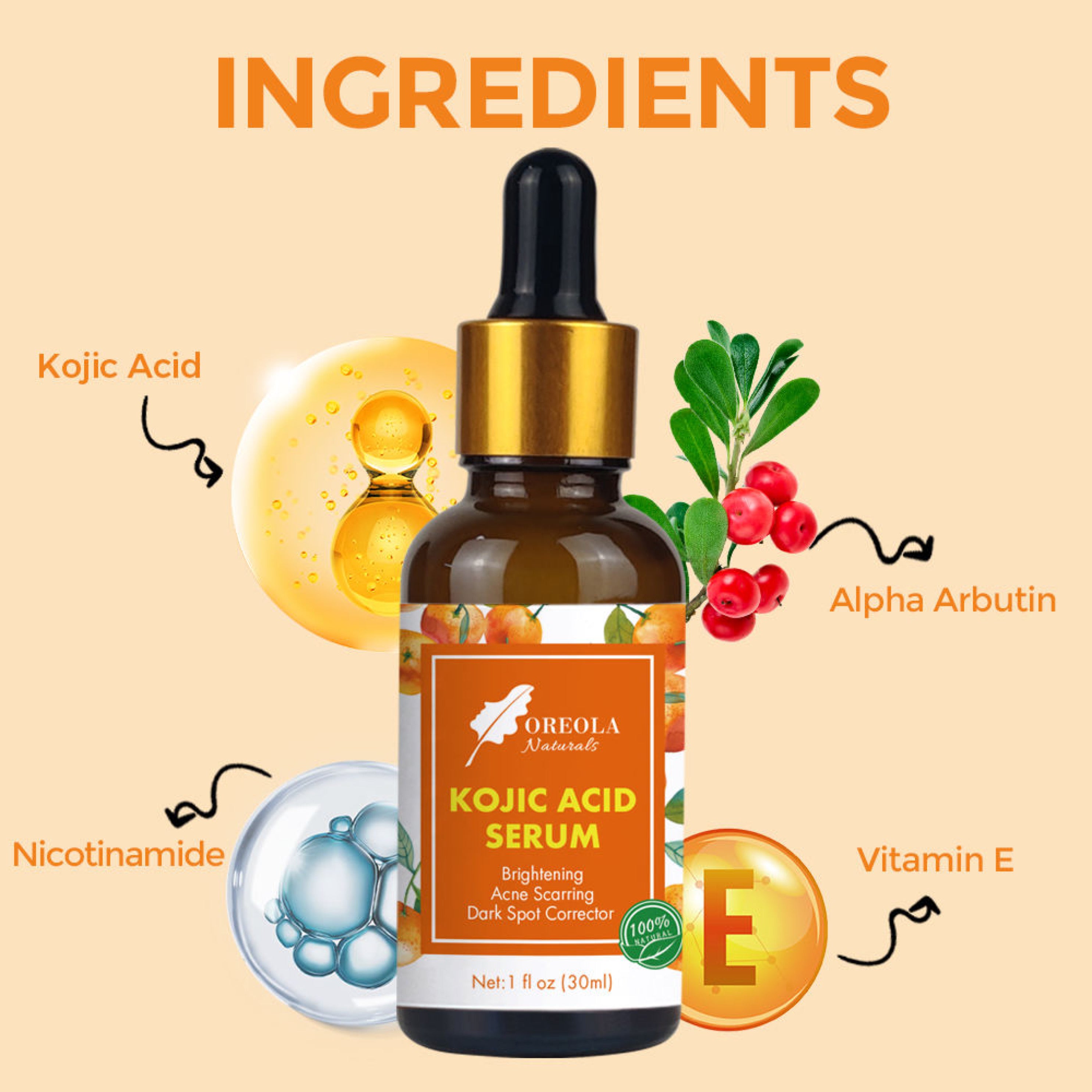 Kojic acid Serum 30ml For Brightening, Moisturizing, Dark Spot, Blemish Control by Oreola Naturals.