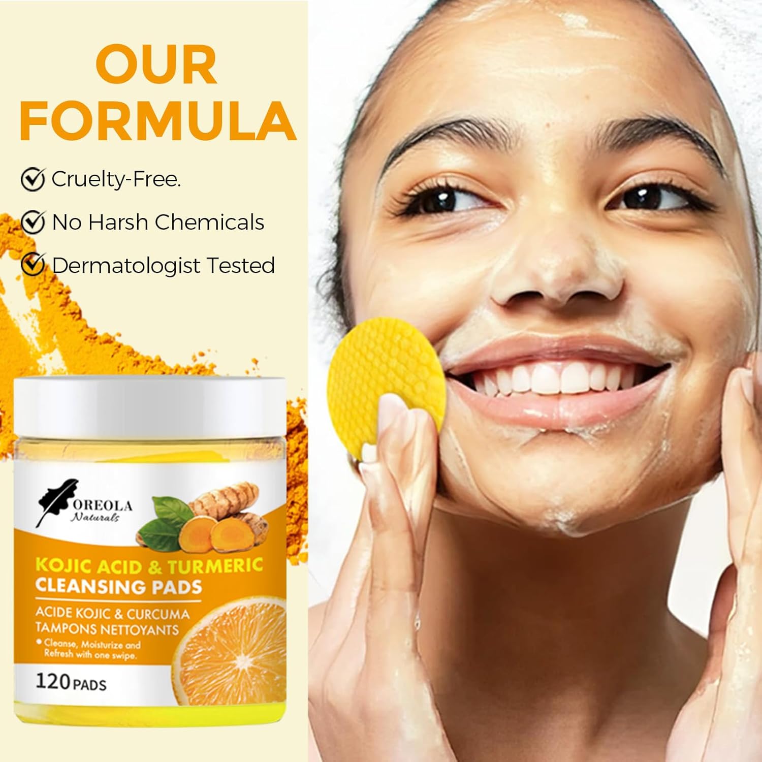 Kojic Acid & Turmeric Cleansing Pads – 120 Count with Applicator Tong – Face & Body Exfoliating Wipes – For All Skin Types