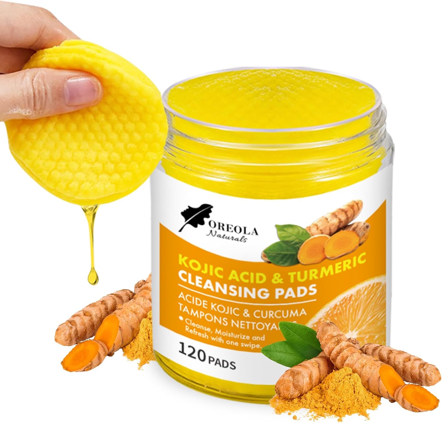 Kojic Acid & Turmeric Cleansing Pads – 120 Count with Applicator Tong – Face & Body Exfoliating Wipes – For All Skin Types