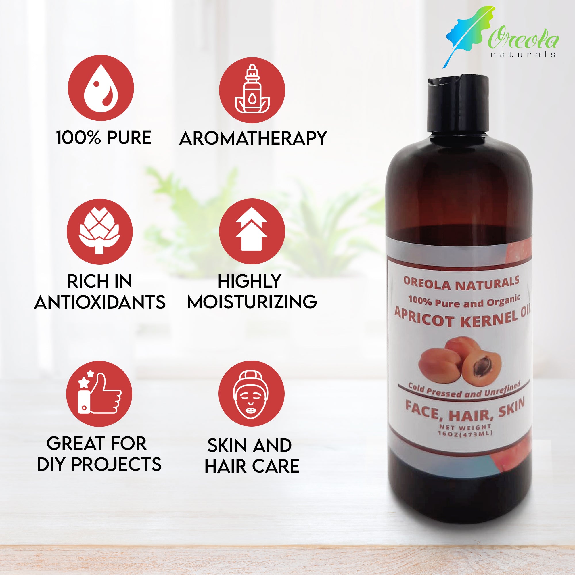 Apricot Kernel Oil 100% Pure and Natural, Cold Pressed and Unrefined 16oz/473ml Ideal for Face, Skin and Hair by Oreola Naturals.